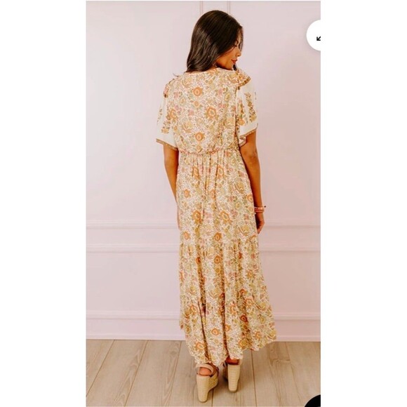 In Loom Boho Floral Midi Dress Cottage Core Dress Prarie Soho Beige Multi Sz S - Picture 5 of 12